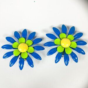 Vintage Blue Green Flower Clip-On Earrings Retro  Enamel Metal Flower Power
